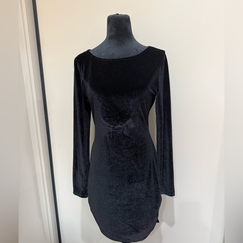 Mittoshop Black Velvet Long Sleeve Bodycon Mini Dress